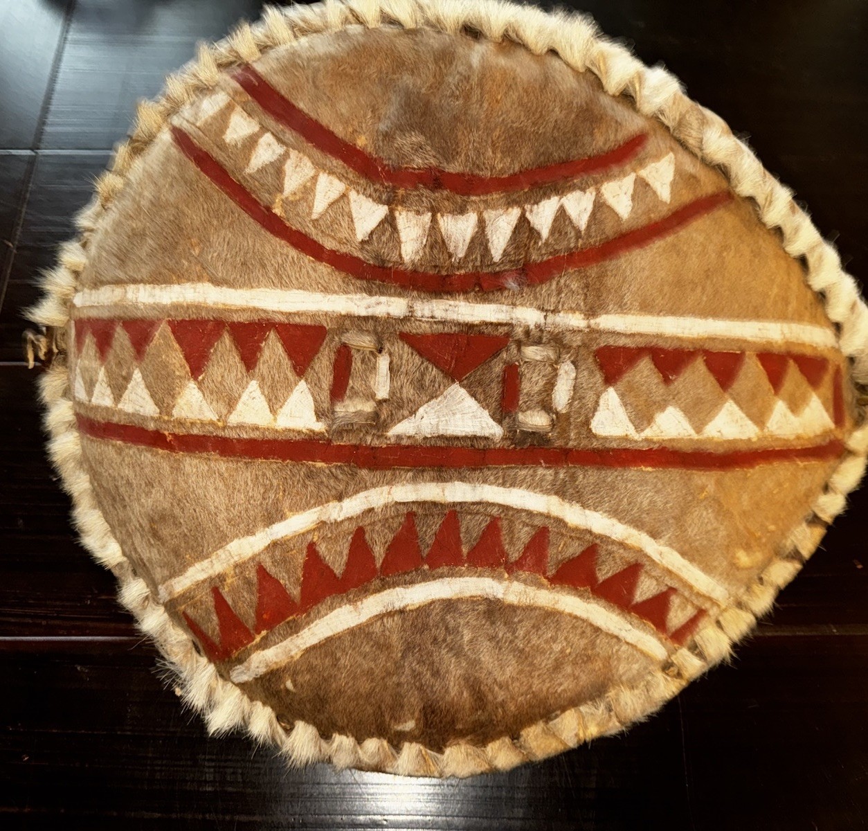 Vintage 18" Handmade African Maasai Warrior Sheild Real Fur Buffalo Hide & Wood