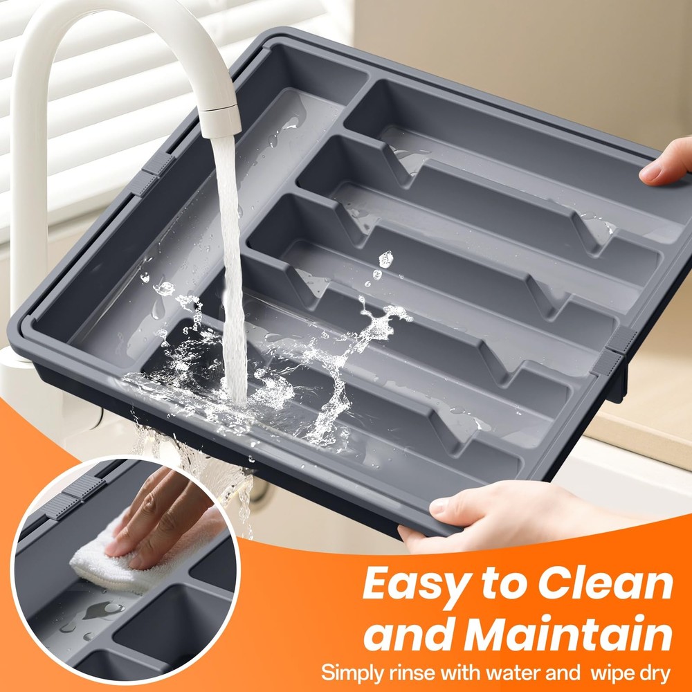 RoomHacks Large Silverware Organizer,Expandable Utensil Drawer Gray