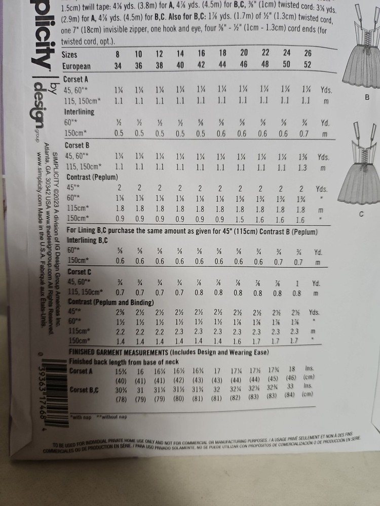 SIMPLICITY CORSETS COSTUMES PATTERN # R12161
