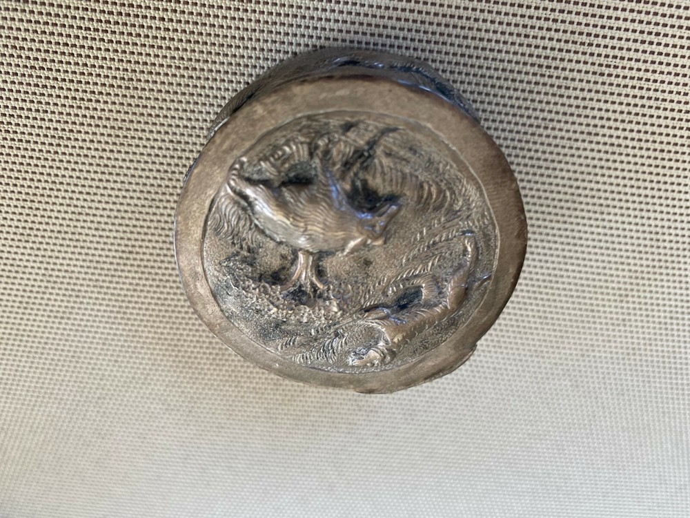 Antique Repousse Silverwork Trinket Patch Box Animals Trees Round Handmade