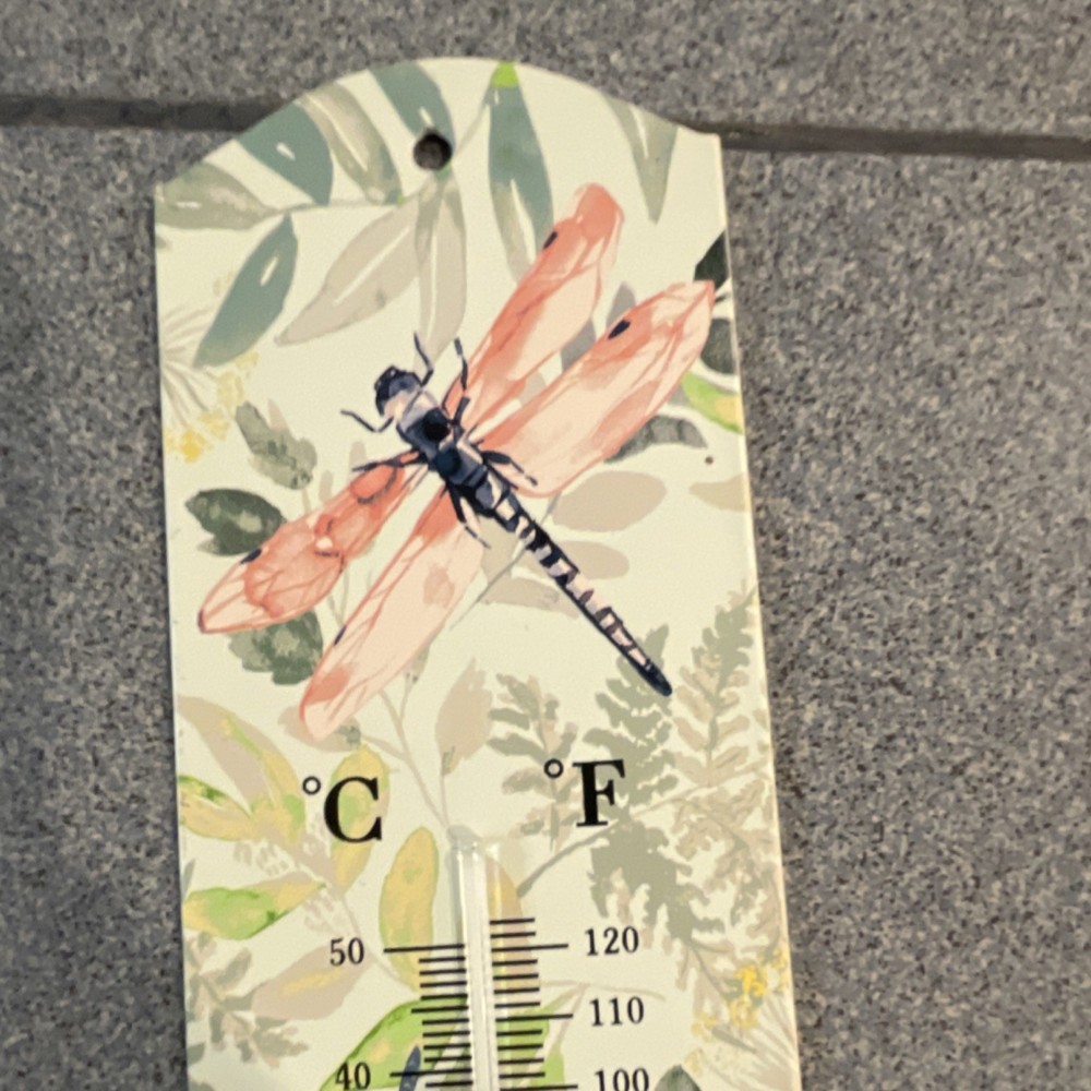 Floral Dragonfly Outdoor Metal Thermometer Analog Display Multicolor Rectangular