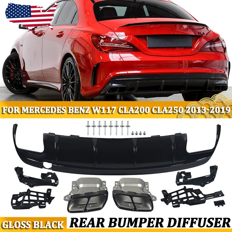 Glossy Black Rear Bumper Diffuser Lip W/ Tailpipes For 13-19 Benz W117 CLA45 250