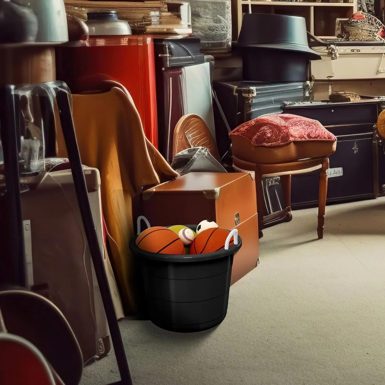 Black 17-Gallon Storage Tub - Flexible Plastic, Rope Handles, Utility Bucket