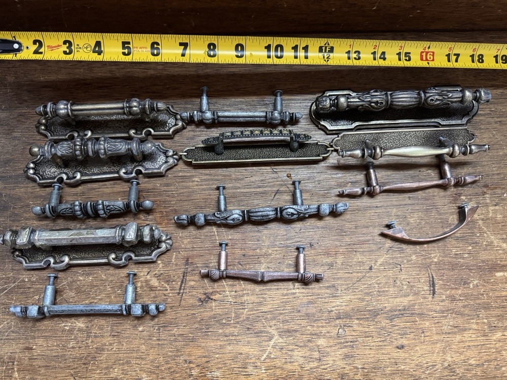 Assorted Antique Brass Drawer Pulls Set of 13 Various Sizes