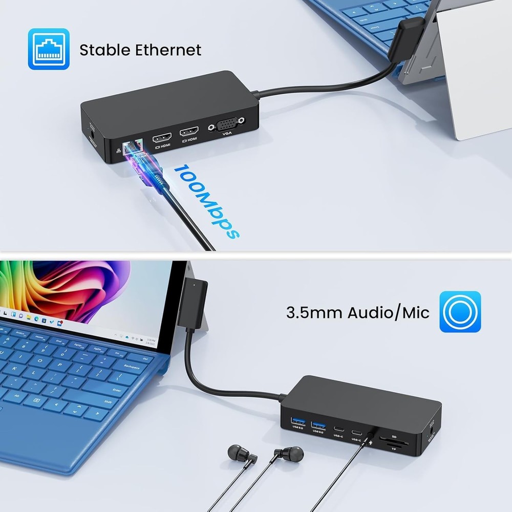 12-in-1 Surface Dock, Triple Display Support with 2 HDMI + VGA, Surface Docking