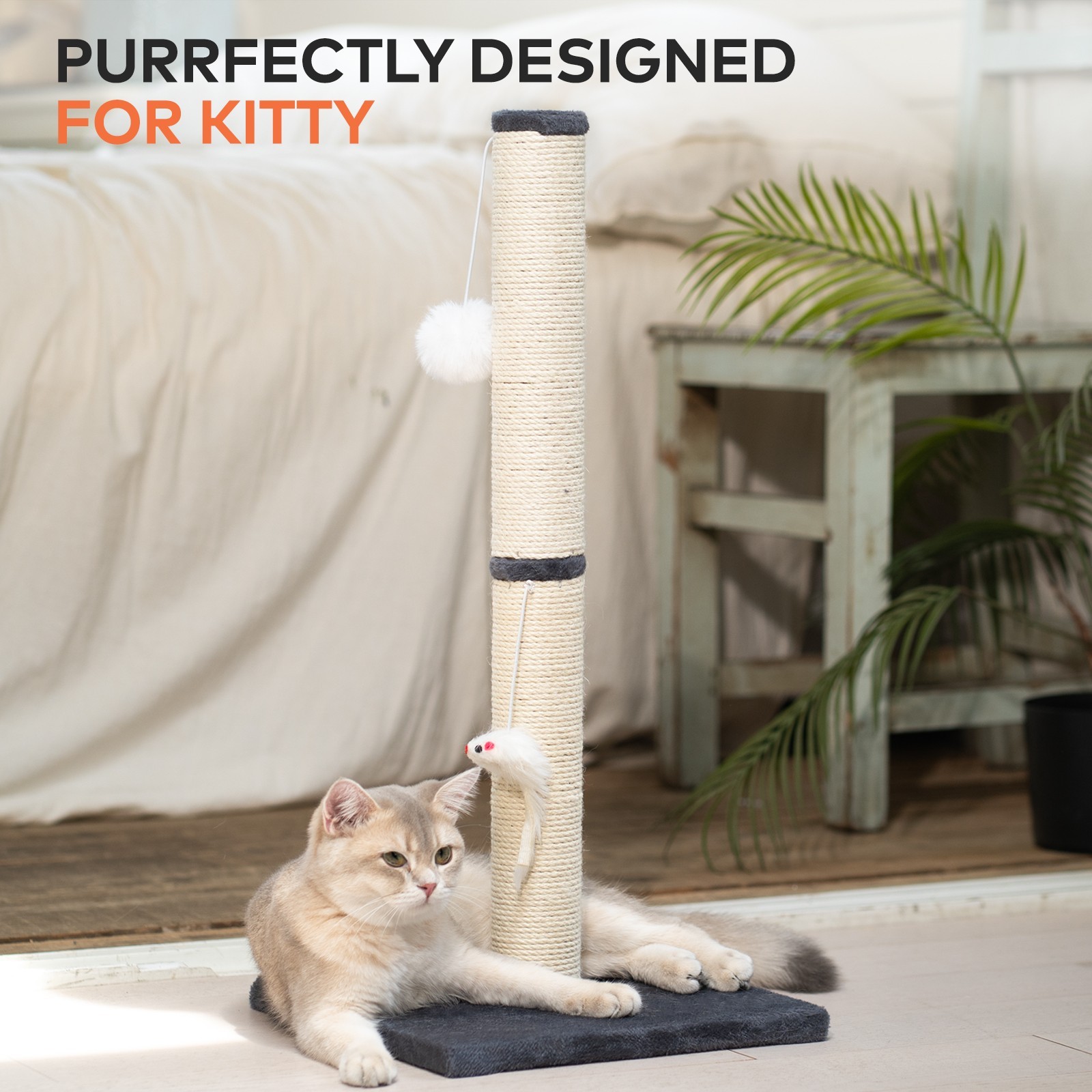 Cat Scratching Post, 25"H Sisal Vertical Scratcher Post with Toys for Indoor