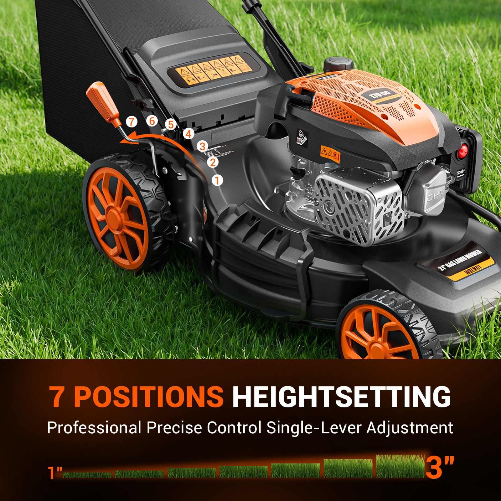 Mutaomay 21in Self Propelled Gas Lawn Mower 3-In-1,170cc , 7 Position Height New