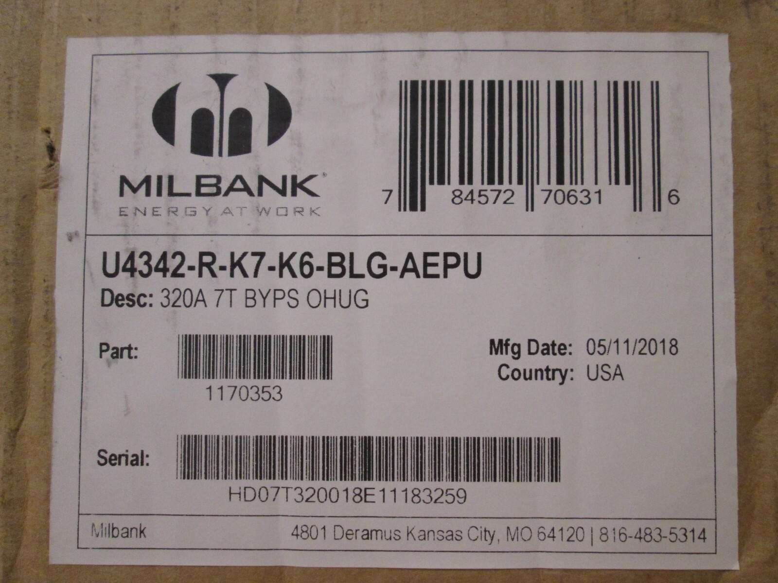 MILBANK - meter socket - 320 amp - 3 Phase - 7T BYPS (U4342-R-K7-K6-BLG-AEPU)