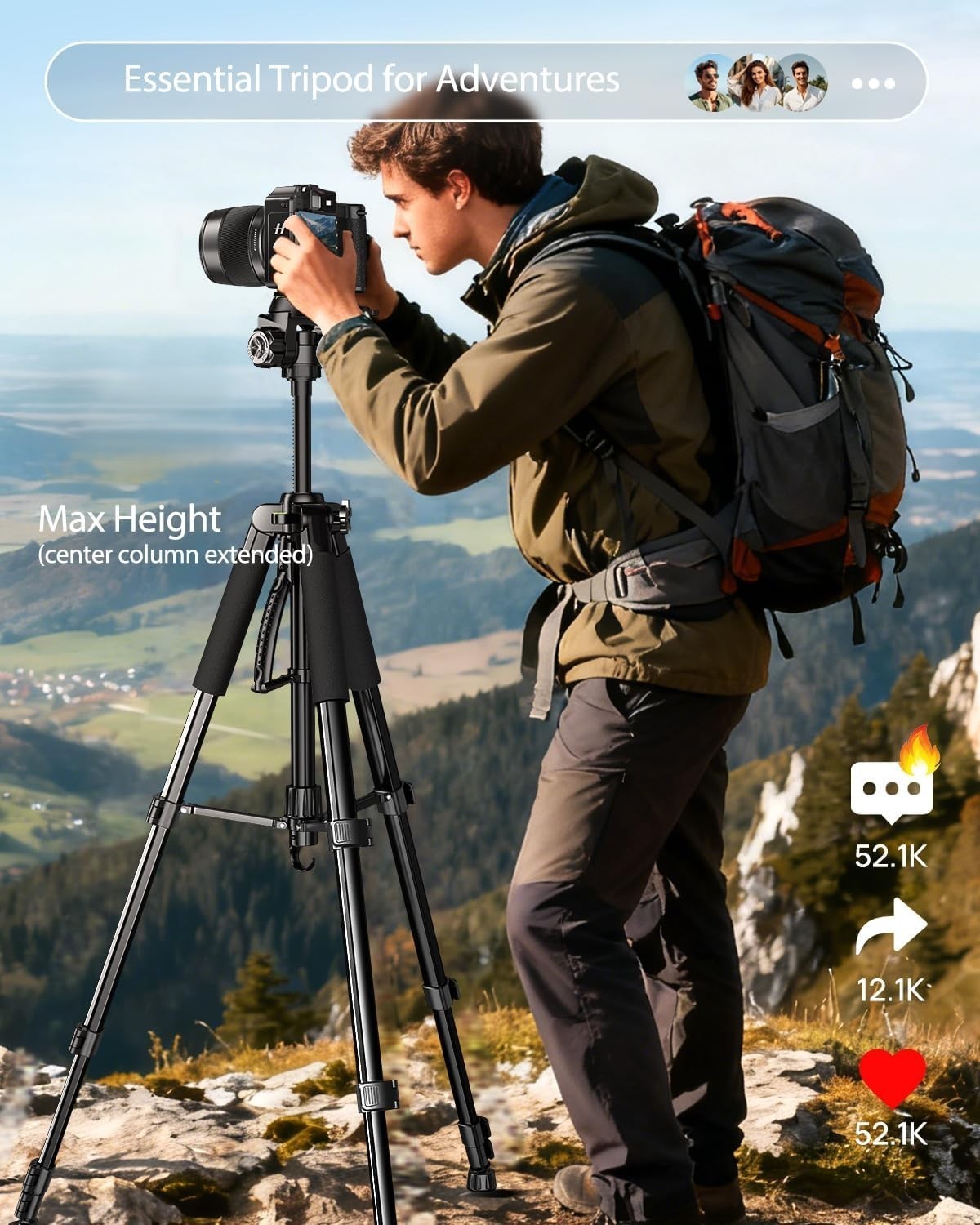 55" Portable Heavy-Duty Tripod for Phone & Camera w/ Cold Shoe Aluminum alloy