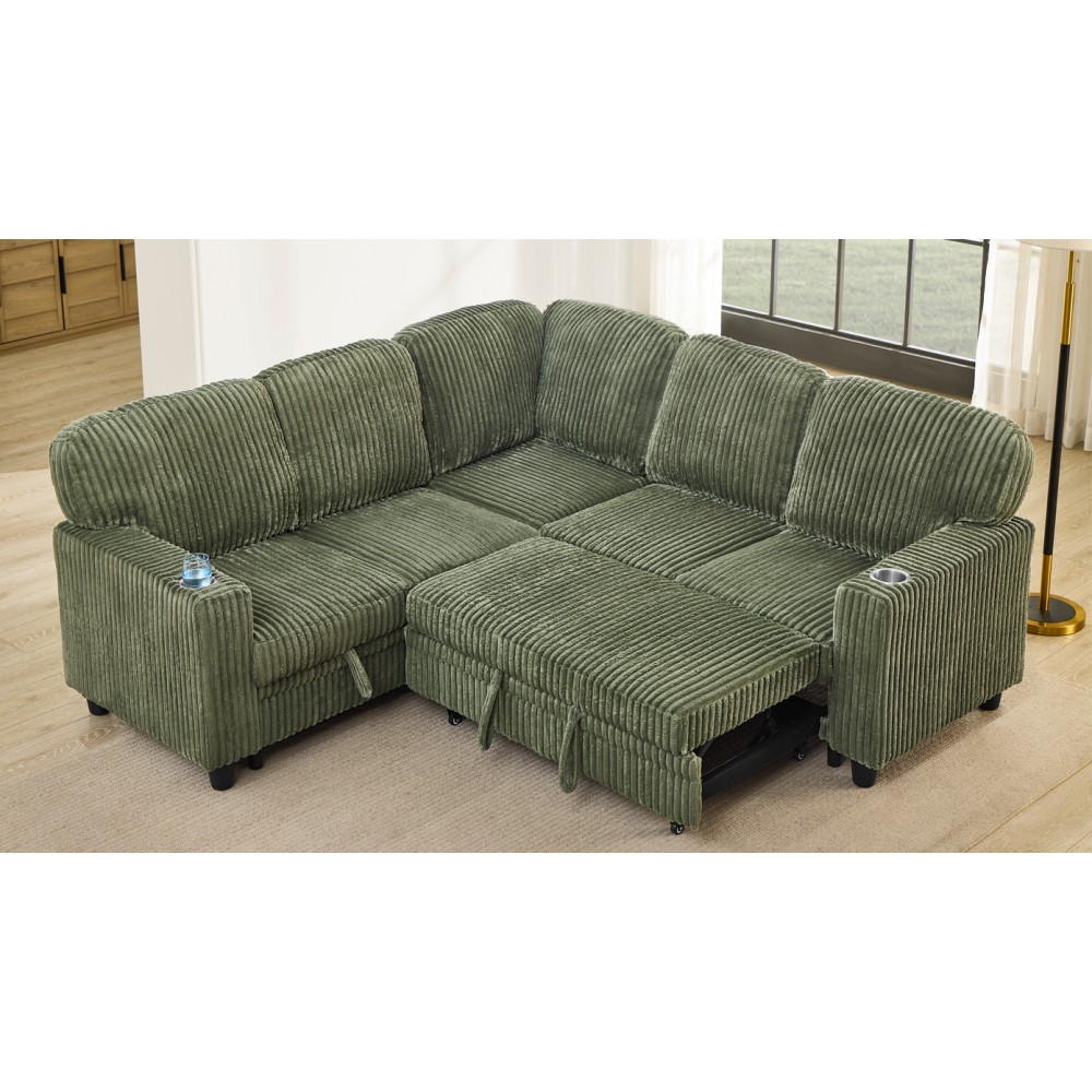L-Shaped Sofa Bed w/ Pull-Out Sleeper & USB/Type-C, Corduroy, Olive Green