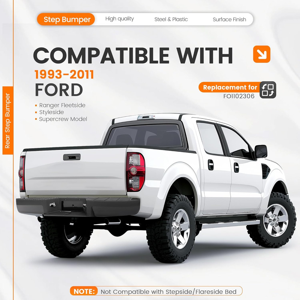 Rear Step Bumper Compatible with 1993-2011 Ford Ranger Fleetside/Styleside Super