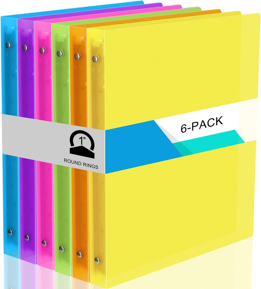 6 Pack Plastic 3 Ring Binder Assorted Colors Economy Flexible Round Ring Present