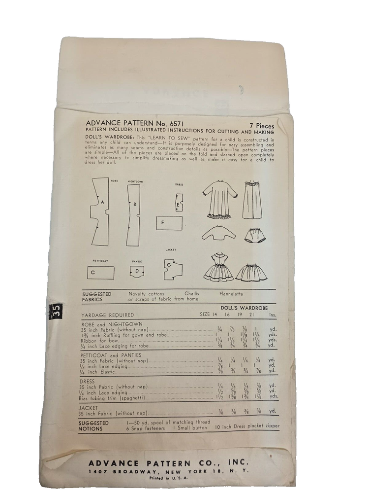 Advance 6571 Doll 19 Inch Unprinted Sewing Pattern Complete with Instructions