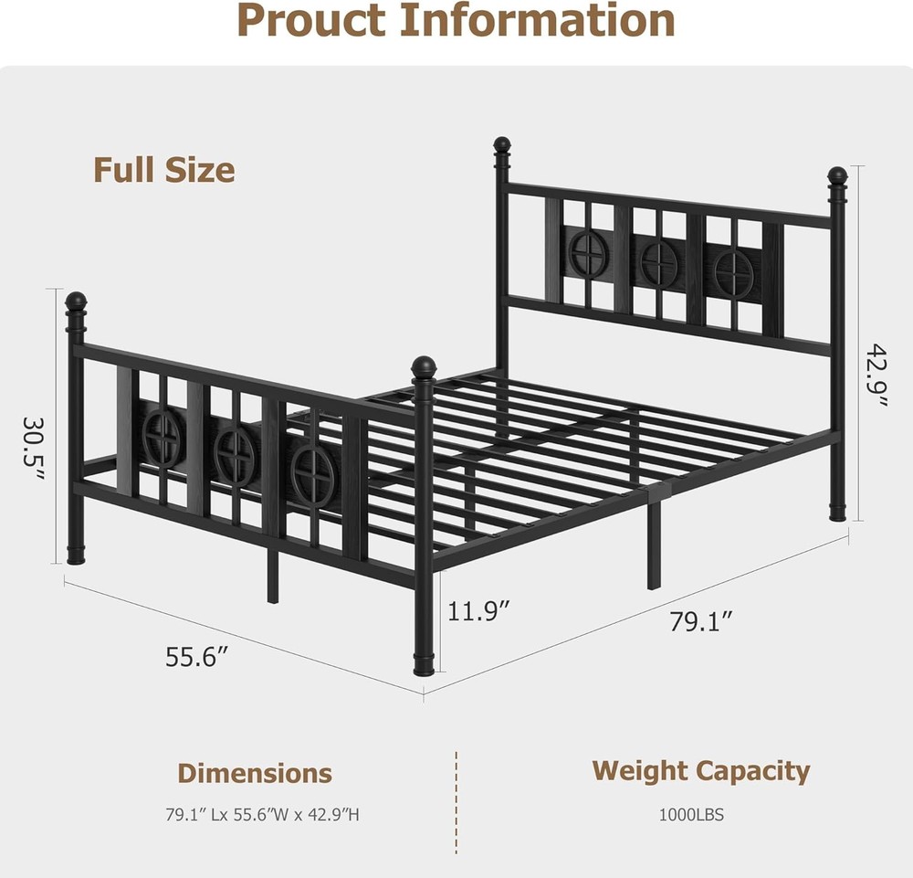 Full Size Bed Frame with Headboard and Footboard, Large Storage Space Under Bed