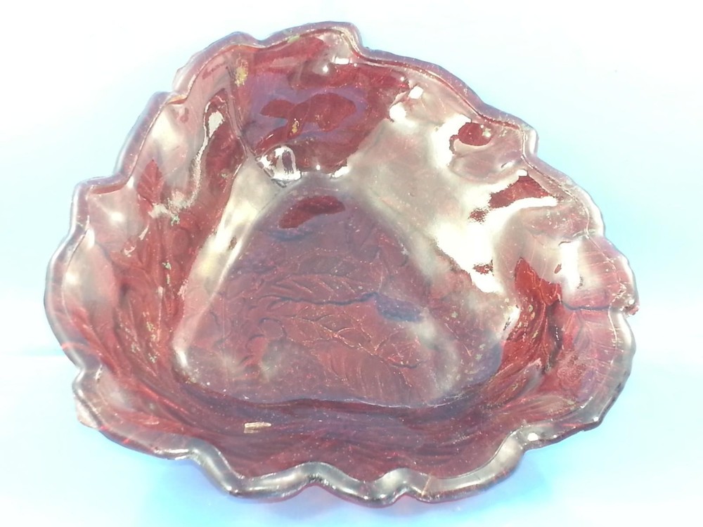 Vintage Ruby Red Carnival Glass Bowl Grape & Leaf Pattern Iridescent Scallop 7"