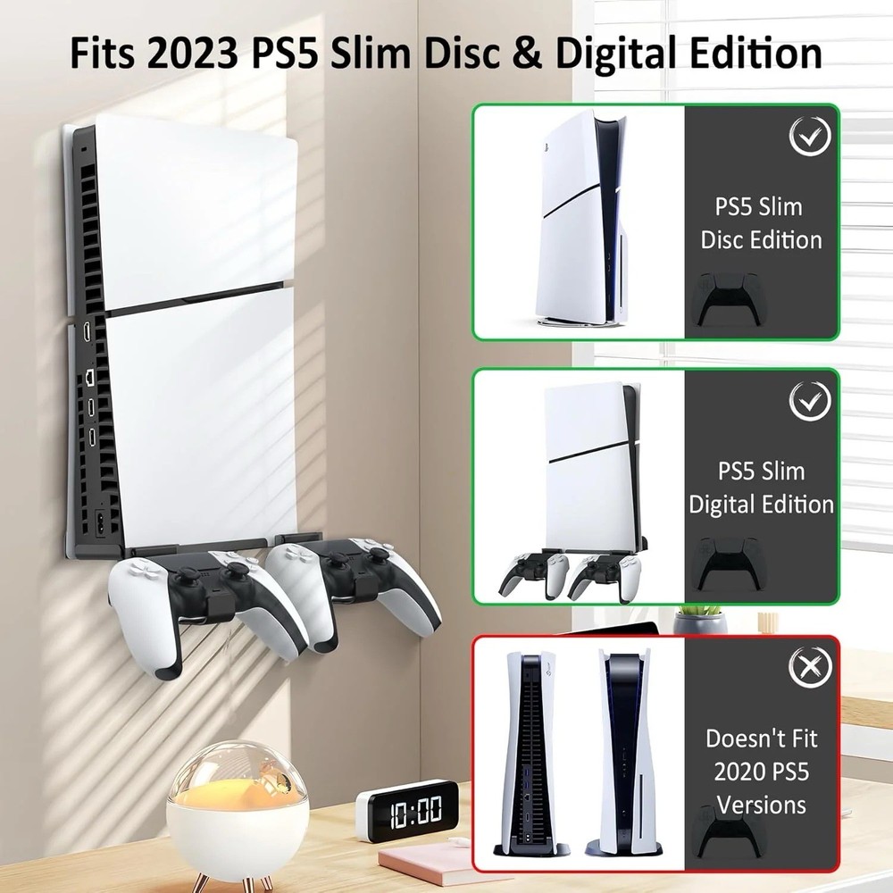 Wall Mount for PS5 Slim Console with 2 Controller Holders & Heat Vent Design