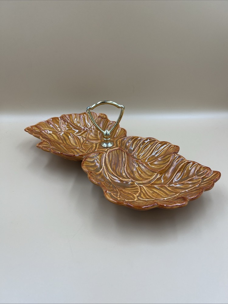 MCM USA Pottery Brown Double Leaf Candy / Nut Dish with Handle