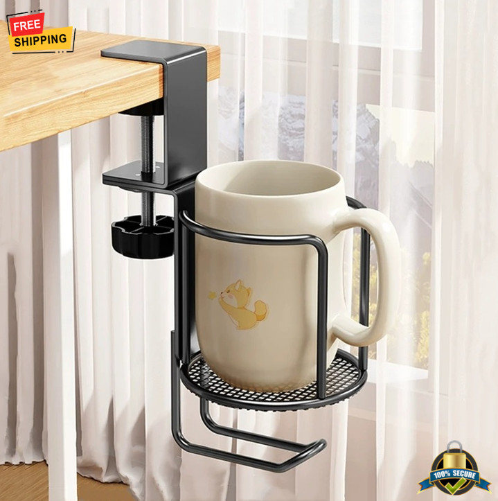 2-in-1 No-Drill Desk Cup Holder Adjustable Clamp 360° Rotating Stand
