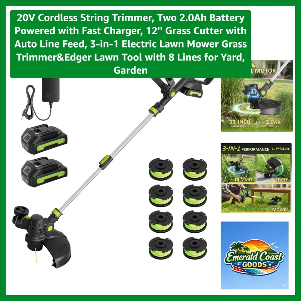 Powerful 12” String Trimmer with Auto Line Feed - Includes 2 Batteries & Charger
