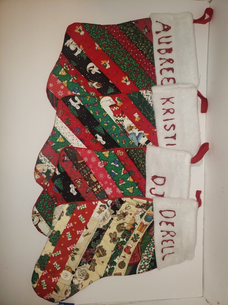4 Handmade Strip Pieced QUILT STOCKING LOT UPCYCLE REPURPOSE SEE DESCRIPTION