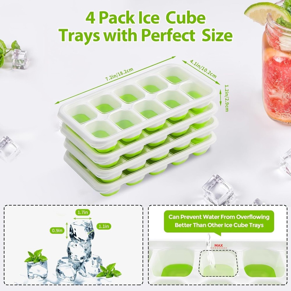 Space-Saving Ice Cube Tray with Lids - 4 Pack Dishwasher Safe Ice Makers