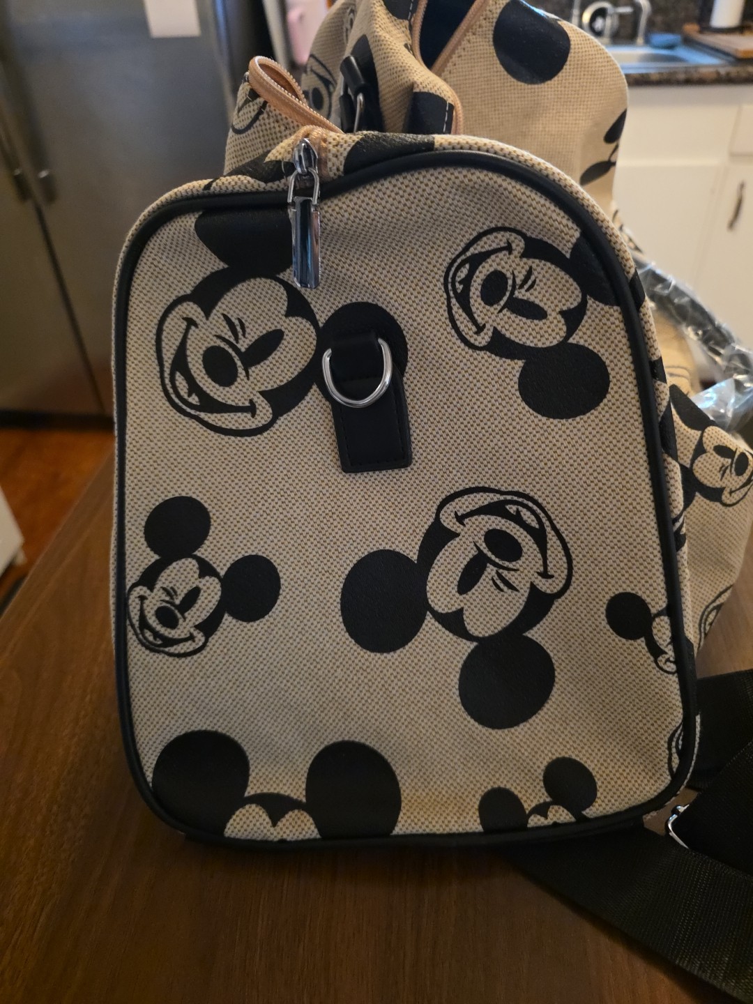 Disney Mickey Mouse Beige Black Shoulder Bag Duffle Canvas Strap