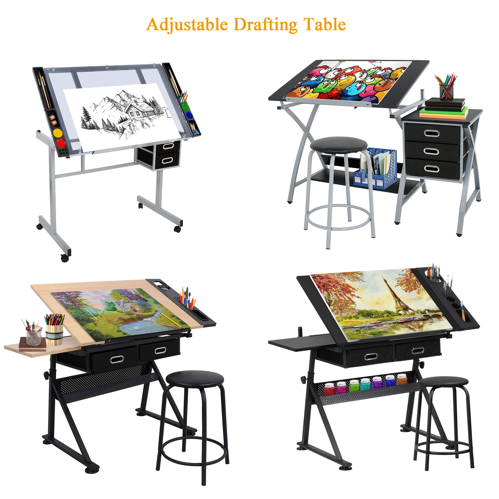 Drafting Desk Drawing Table Adjustable Artists Art Desk Workstation with Drawers