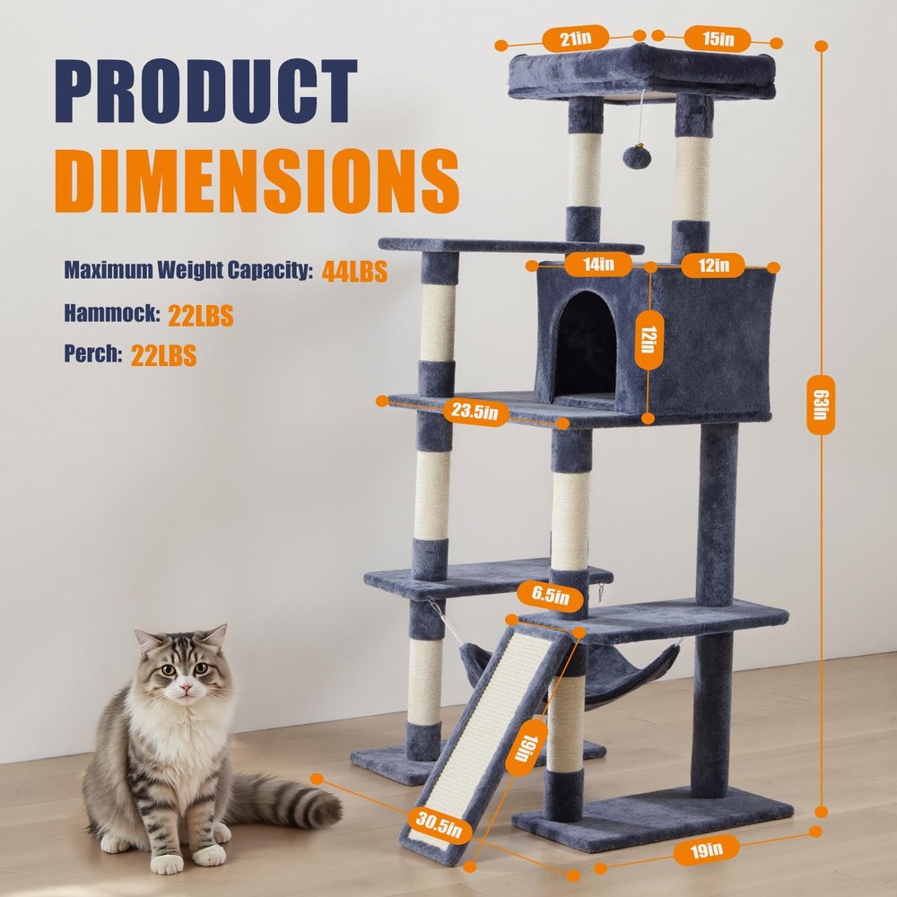 Large 63in Cat Tree Tower, Multi Level Cat Climbing Tower with Condo, Natural...