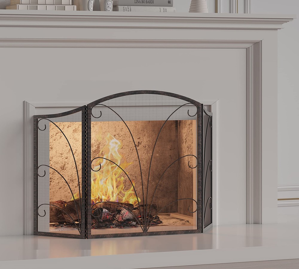 3-Panel Arched Childproof Fireplace Screen Decorative, Handcrafted Scroll Wro...