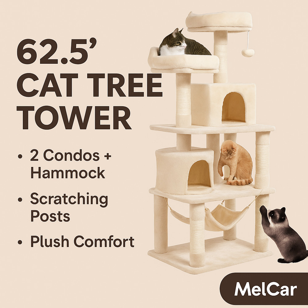 62.5" Multi-Level Cat Tree Tower w/ 2 Condos, Hammock & Scratching Posts Beige