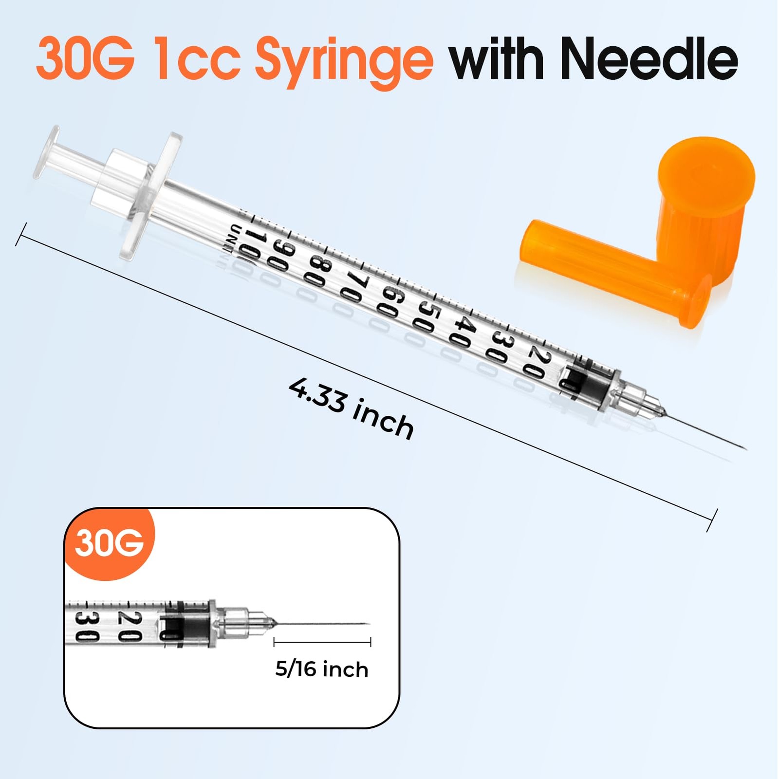 1ml 30G 5/16" (8mm) Syringe, Lab Syringes Individually Wrapped, Pack of 100