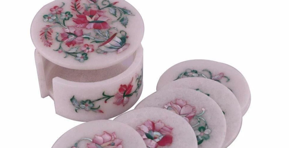 4.5" Round Marble Decorative Coaster Set Multi MOP Inlay Work Coffee Coaster Set