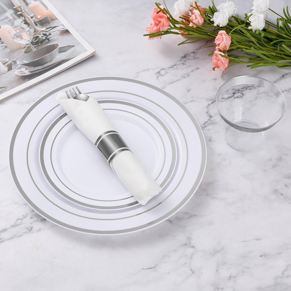 100 Pack Pre Rolled Silver Plastic Silverware, Wrapped Plastic Cutlery Set wi...
