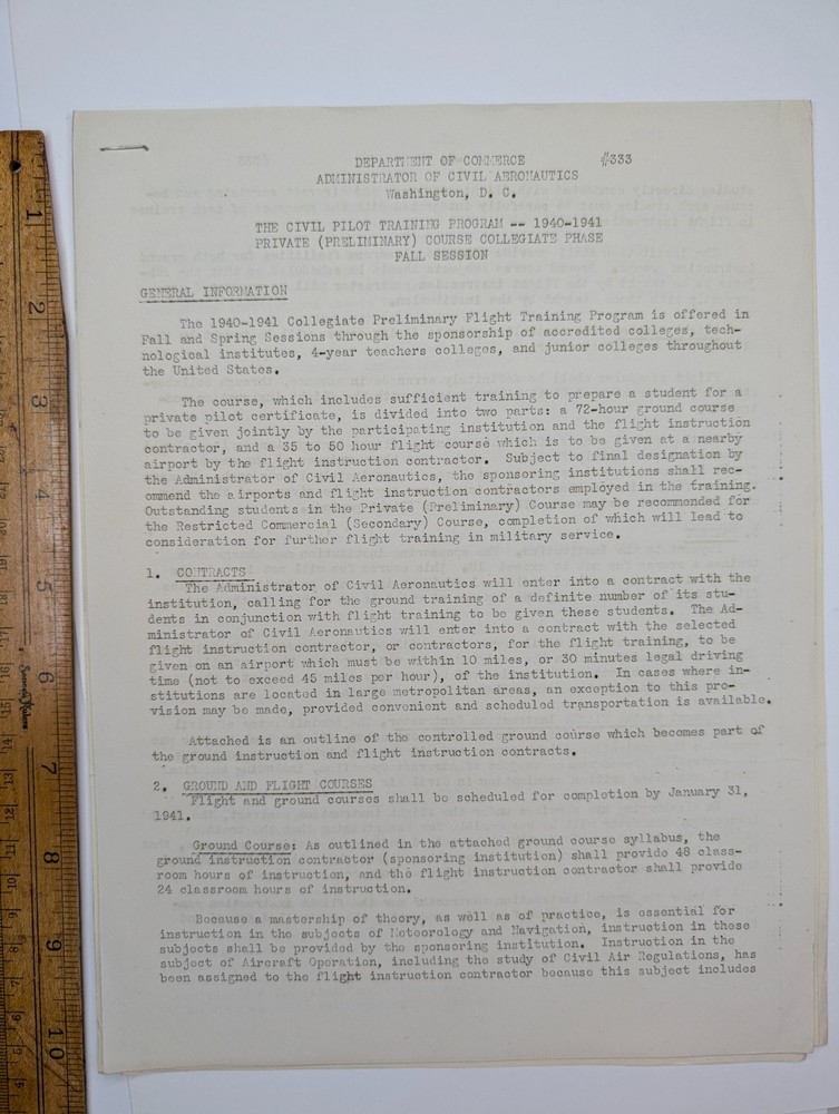 1940-1941 Civil Pilot Training Program Document Washington DC Aviation #333