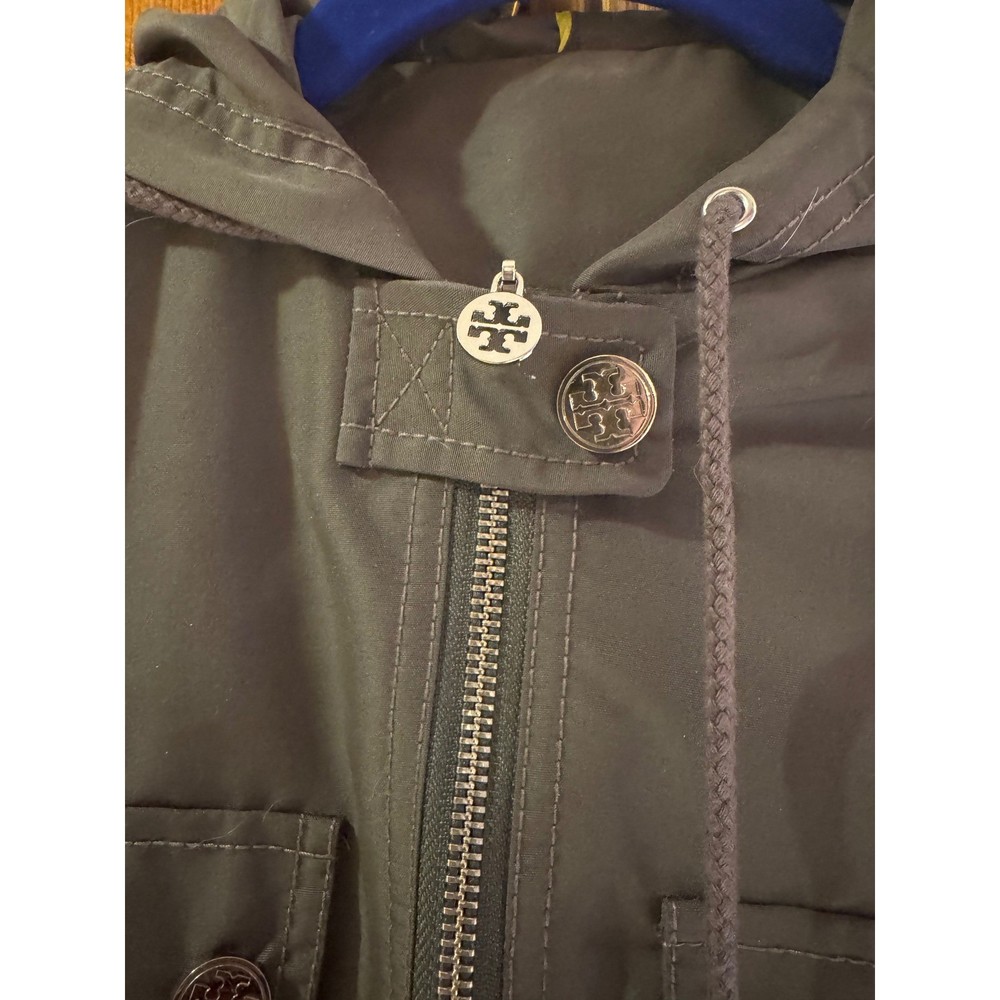 Tory Burch Hooded Utility Jacket olive Zip Front Logo Buttons Womens Size 2