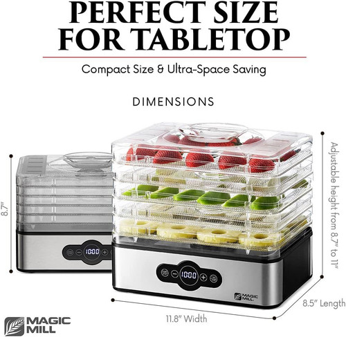 Magic Mill Food Dehydrator Machine | 5 Stackable Stainless Steel Trays silver