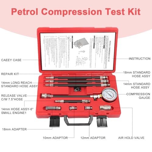 Engine Compression Test Kit - Petrol Compression Tester with 2-3/4" Gauge, 10 Pi