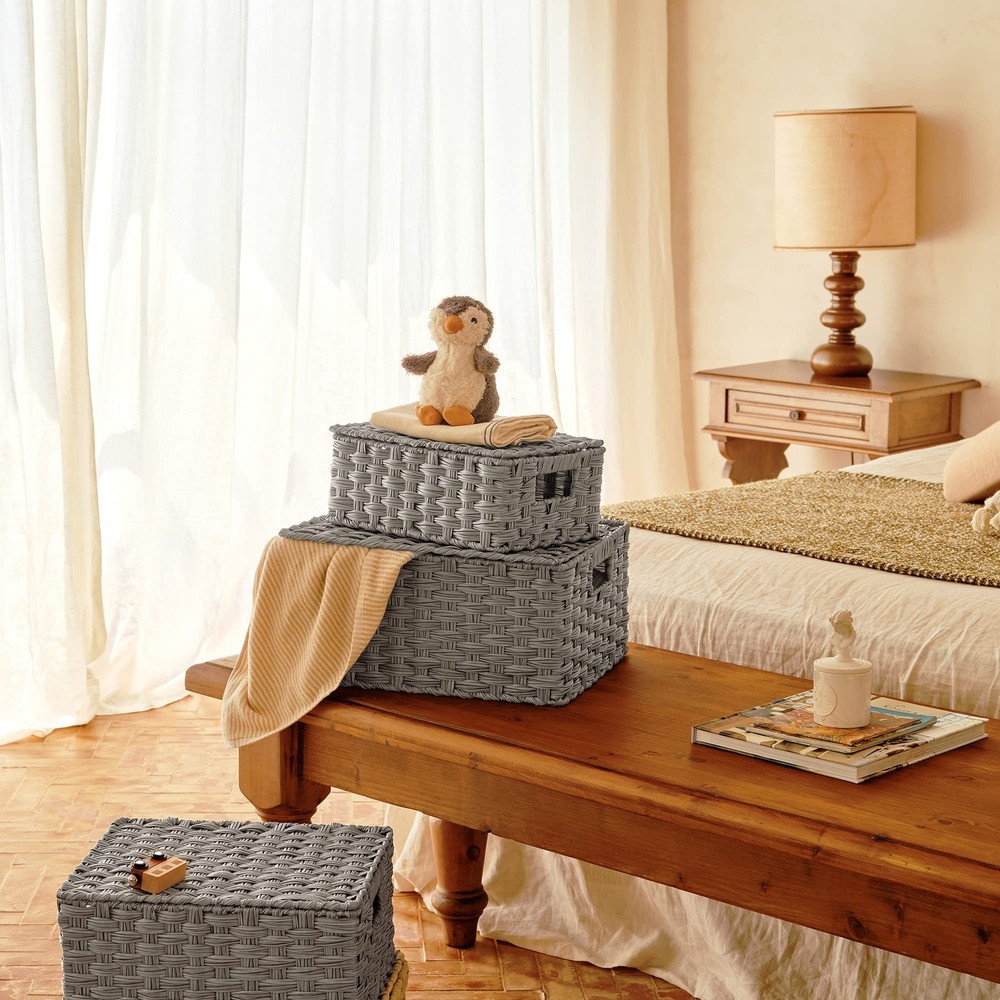 Granny Says Wicker Storage Baskets 3-Pack Gray Decorative Nested Boxes w/Lids