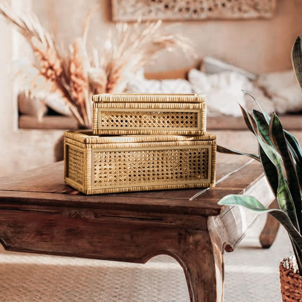 Large Handwoven Rattan Display Box Set with Glass Lids Rectangular Boho