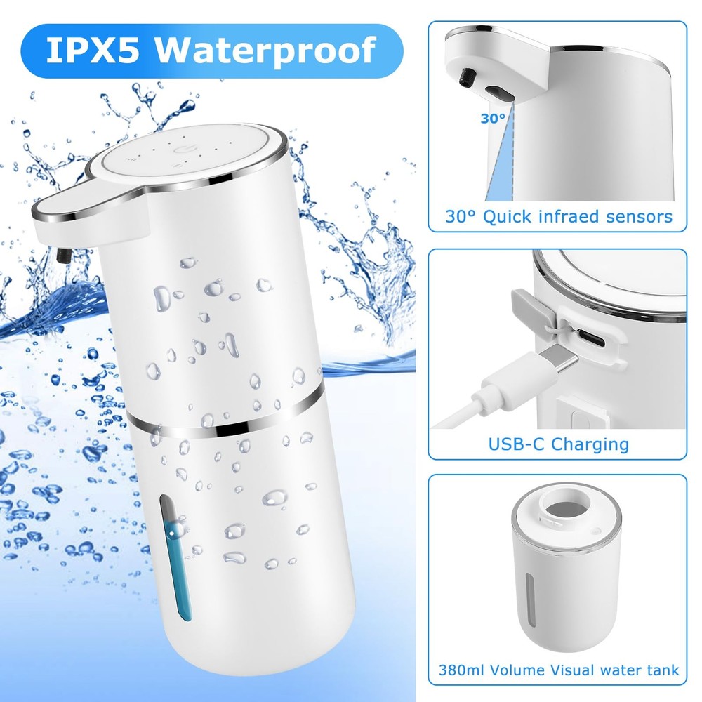 2 Pack Automatic Soap Dispensers,12.8oz/380ml USB Touchless Foaming, White