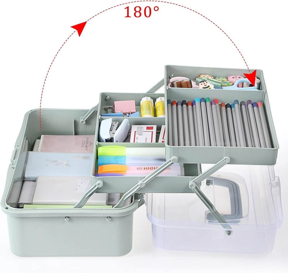 **BTSKY 3-Layer Craft Storage Box with Adjustable Dividers, Haze Green**