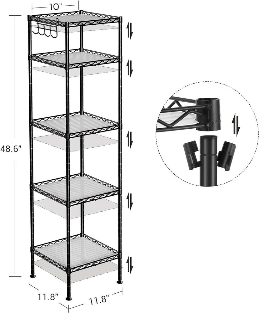 Bathroom Shelf Storage Rack W/ 5 PP Sheets Removable Hooks Extendable Black New