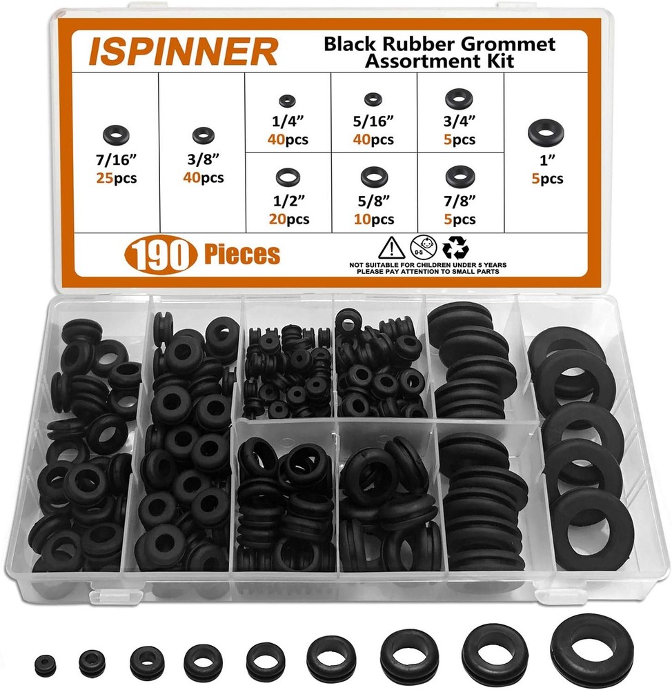 ISPINNER 190pcs Rubber Grommet Assortment Kit, 9 Sizes Eyelet Ring Black