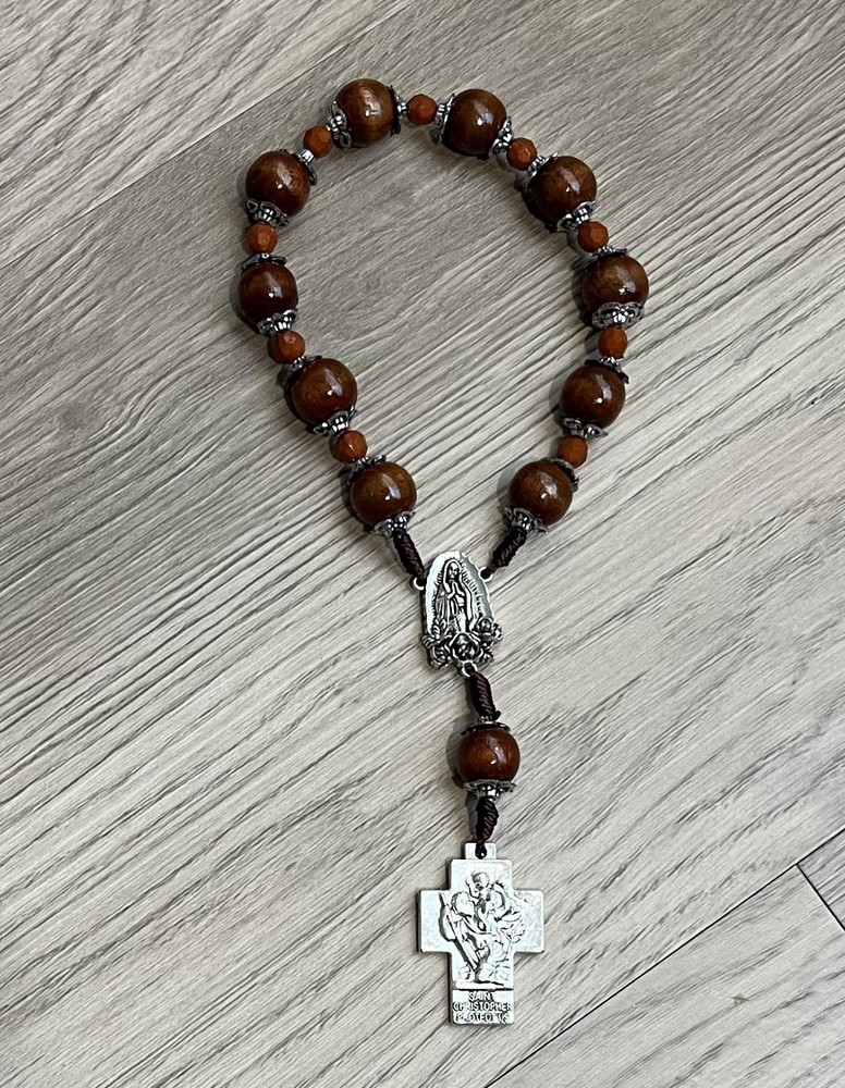 Virgin Guadalupe St Christopher Holy Family 1 Decade Rosary Wood Beads JMJ Cross