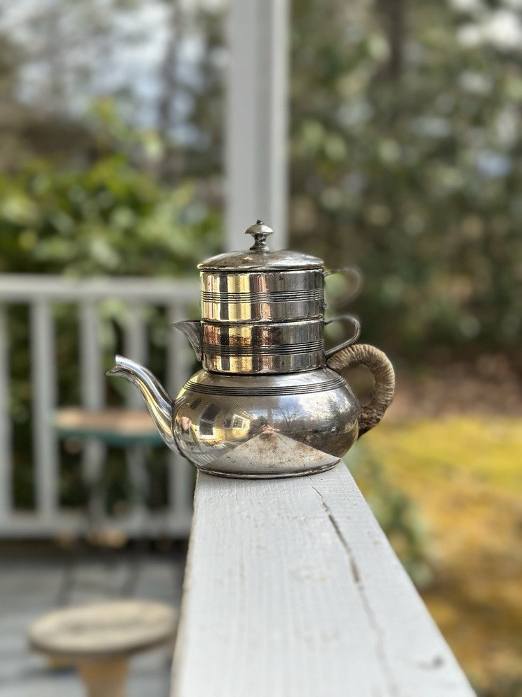 Unique Antique 4 Piece Apollo Silverplate Stackable Tea Set Teapot Sugar Creamer