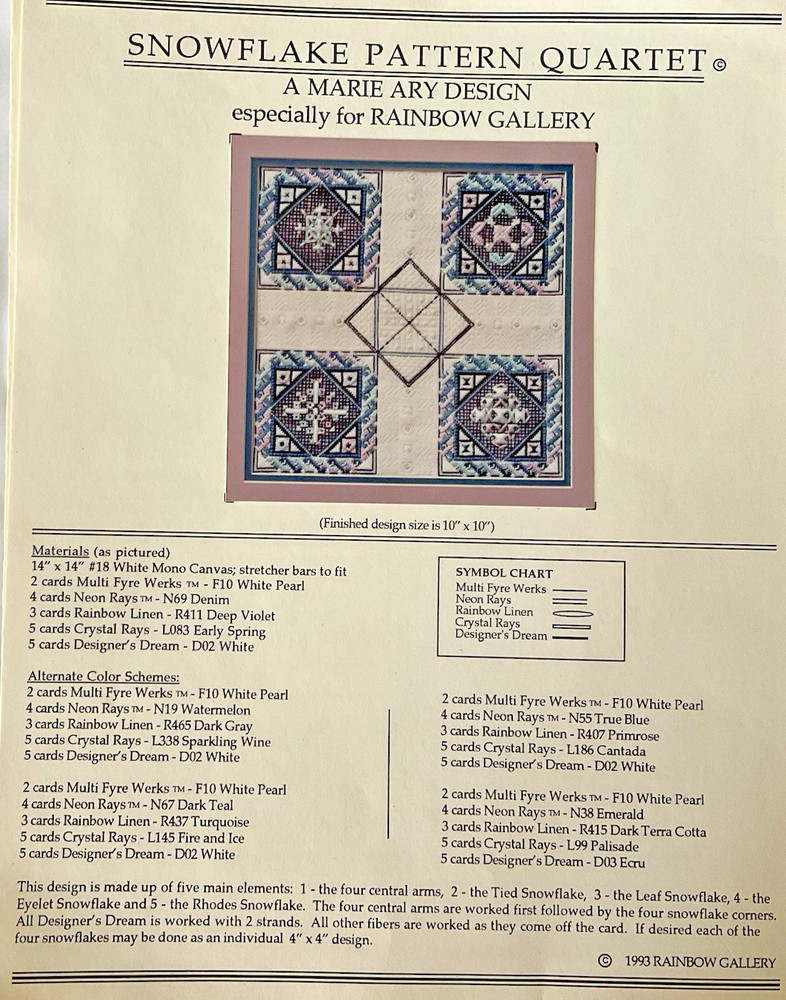 Marie Ary Needlepoint Snowflake Pattern Quartet 1993 for Rainbow Gallery