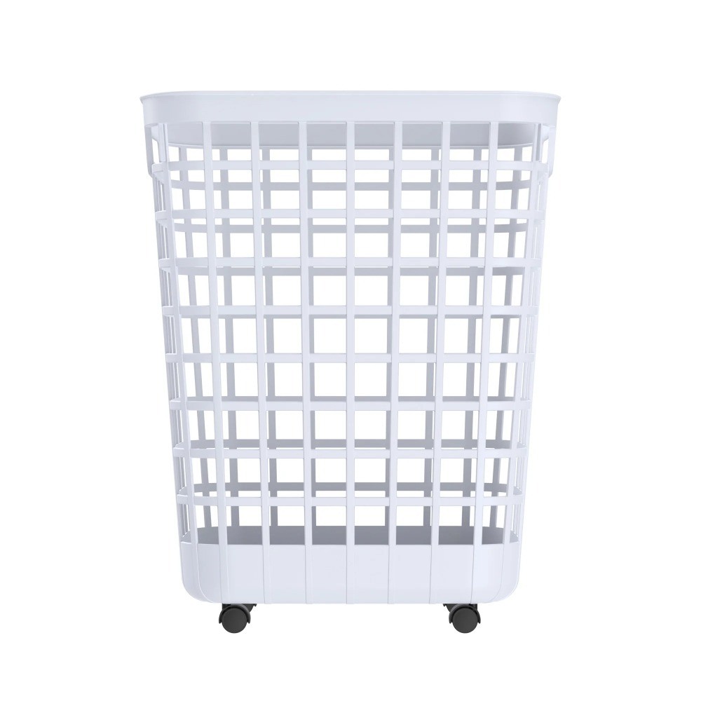 White Rolling Laundry Hamper with Wheels Easy-Clean Plastic Smooth-Glide