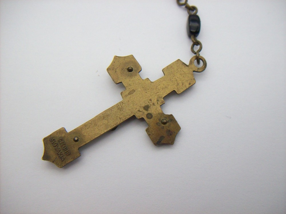 Vintage Catholic Rosary Black Beads Brass Crucifix Made in Czechoslovakia
