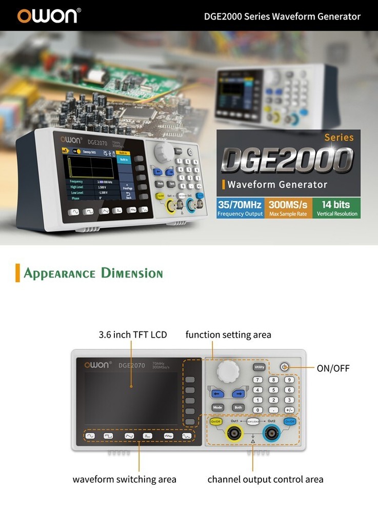OWON DGE2000 Series Arbitrary Waveform Generator 35MHz/70MHz frequency output