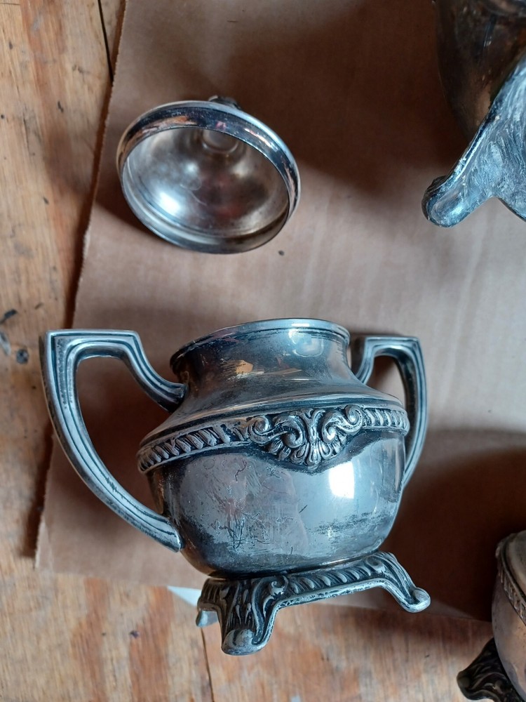 Silver On Copper Tea Set Hallmark At Bottom 5 Pieces